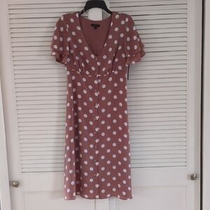 Lily Black Polka Dot Flutter Sleeve Midi Dress Sz Small  Dusty Rose.    NWT